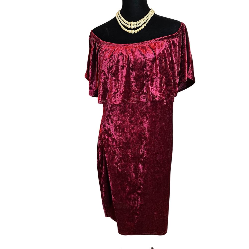 B. Darlin Midi Dress Velvet Off-Shoulder Ruffle Crimson Whimsigoth Coquette - Picture 2 of 9